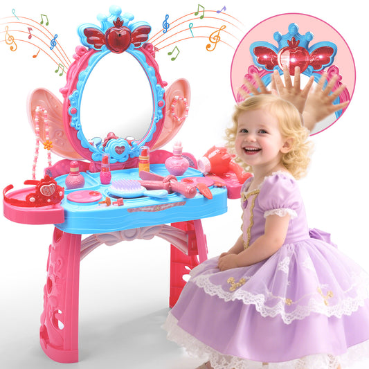 JoyStone Toddler Vanity Makeup Table with Mirror and Chair, Sound and Light Mirror and Beauty Accessories, Girls Vanity for Toddlers 3-5 Years Old, Blue