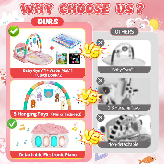 2 in 1 Baby Gym Playmat, Tummy Time Water Mat with 2 Cloth Books/ 5 Infant Sensory Baby Toys & Play Piano, Boys and Girls Newborn Baby Gift 0-36 Month (Pink)