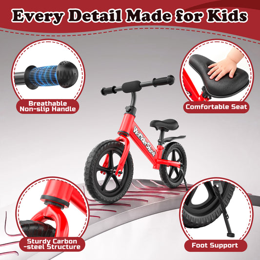 WonderStone 12" Toddler Balance Bike with Adjustable Seat & Handlebar, No-Pedal Kids Bicycle for Walking Balance Training, Christmas & Birthday Gifts for Boys and Girls Ages 1–3, Red