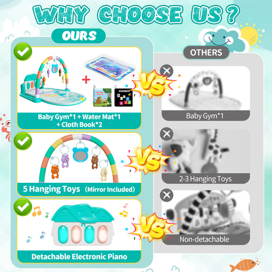 2 in 1 Baby Gym Playmat, Tummy Time Water Mat with 2 Cloth Books/ 5 Infant Sensory Baby Toys & Play Piano, Boys and Girls Newborn Baby Gift 0-12 Month (Green)