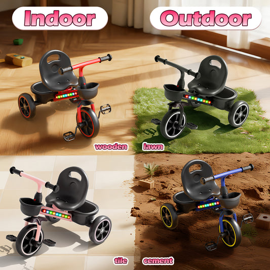 JoyStone Toddler Tricycle for Ages 1-4 Years, Kids Trike Toddler Bike with Cool Lights, Adjustable Seat & Basket, Pink