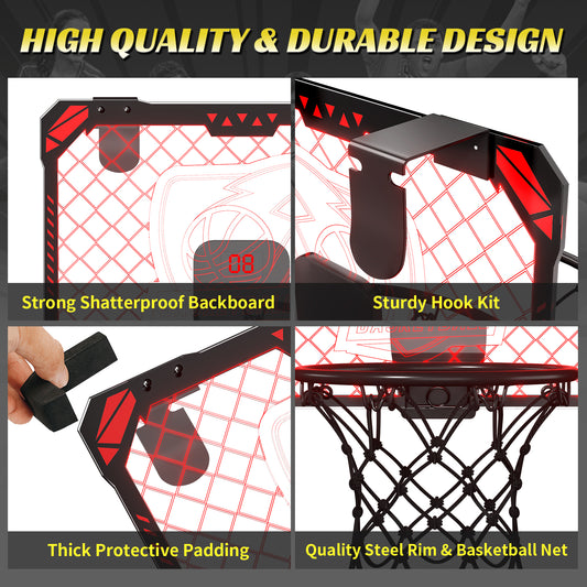 WonderStone LED Mini Basketball Hoop for Kids with Electronic, Over the Door Basketball Hoop with Foldable Rim, Glow in the Dark Toys Birthday Gift for 6-13 Year Old Boys (Red)