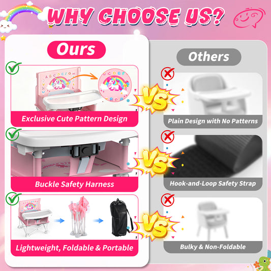 Wonderstone Portable Baby High Chair for Outdoor Travel, Foldable Dining Booster Seat with Detachable Tray & Storage Bag, Secure Safety Harness for Infants Toddlers, Pink