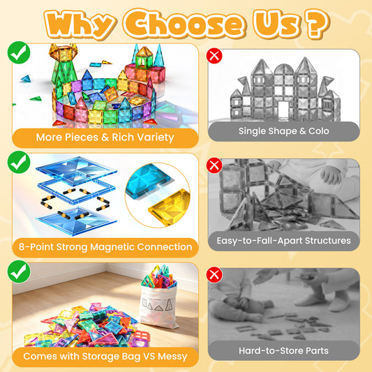 WonderStone 100 PCS Magnetic Building Tiles with 2 Cars, Educational Building Blocks for Boys & Girls, Sensory Construction Toys, Creativity Beyond Imagination, Inspirational, Educationa