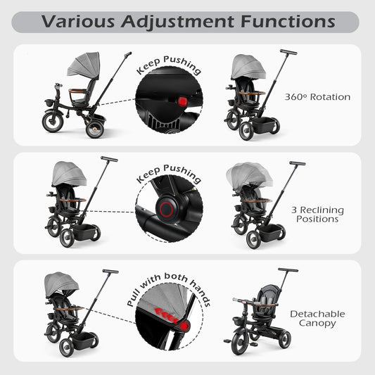 JoyStone 7 in 1 Foldable Tricycle Stroller for Toddler, Baby Tricycle with Adjustable Canopy, Parent Handle, Removable Pedals, Seat Belt and Storage Basket, Kids Bike for Ages 1-6 Boys & Girls, Grey