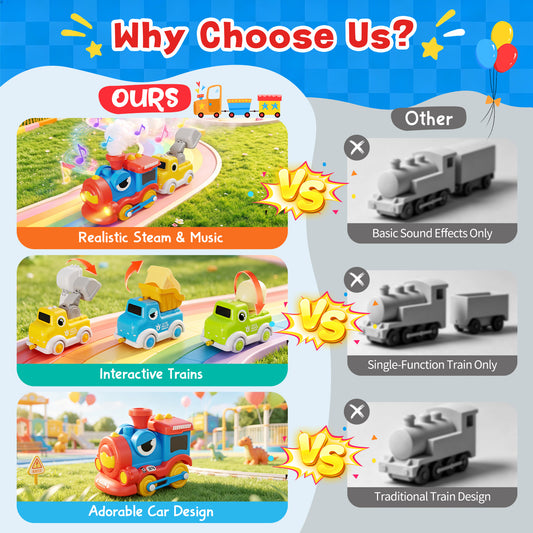 WonderStone Dinosaur Electric Train Set, Train Track Toys with Steam, Light-Up and Sound Effects, Magnetic Car Toys Christmas Birthday Gifts for Toddlers