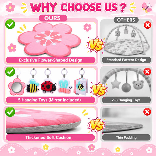 Wonderstone Baby Play Gym, Activity Playmat with Removable Hanging Toys, Tummy Time Play Gym for Newborn Gift 0-12 Months (Pink Flower)