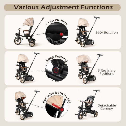 JoyStone 7 in 1 Foldable Tricycle Stroller for Toddler, Baby Tricycle with Adjustable Canopy, Parent Handle, Removable Pedals, Seat Belt and Storage Basket, Kids Bike for Ages 1-6 Boys & Girls, Khaki