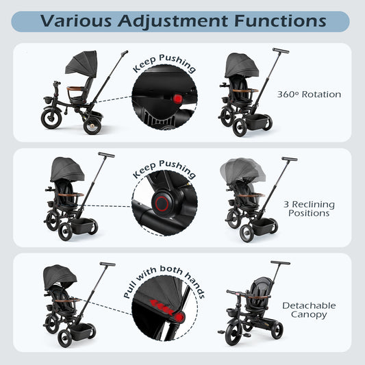 JoyStone 7 in 1 Foldable Tricycle Stroller for Toddler, Baby Tricycle with Adjustable Canopy, Parent Handle, Removable Pedals, Seat Belt and Storage Basket, Kids Bike for Ages 1-6 Boys & Girls, Black