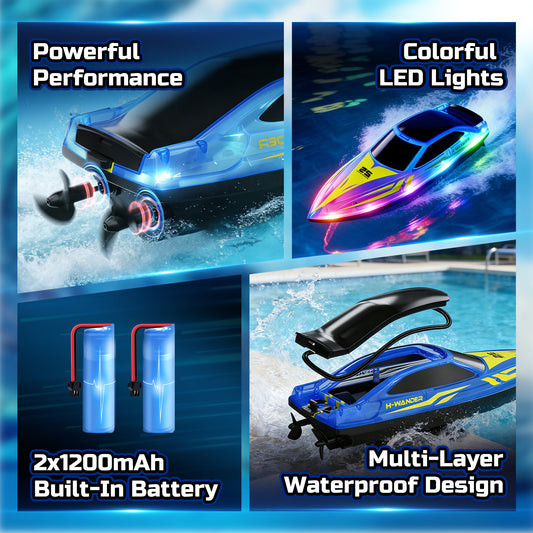JoyStone 10 Inch RC Boat with 7-Mode Colorful LED Lights, 3 Speed Modes, 2 Batteries 60Mins, Pool Toys for Adults & Kids
