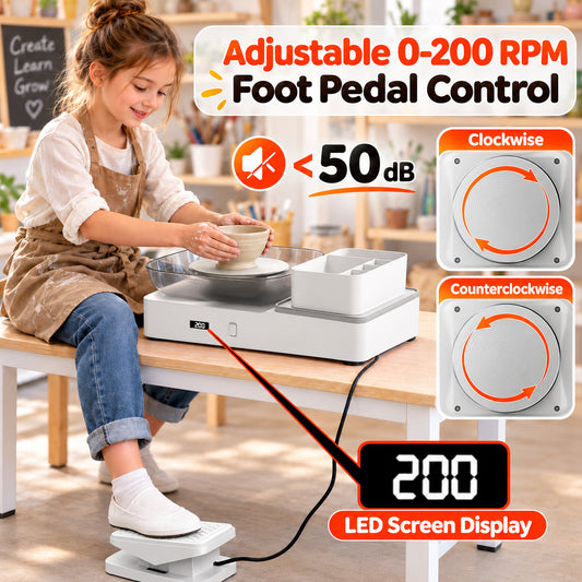 WonderStone Pottery Wheel with Foot Pedal Device, Electric Pottery Machine with 6.7'' Turntable Two-Way Rotation/2 Batteries, Complete Pottery Tools Set for kids and Adult (White)