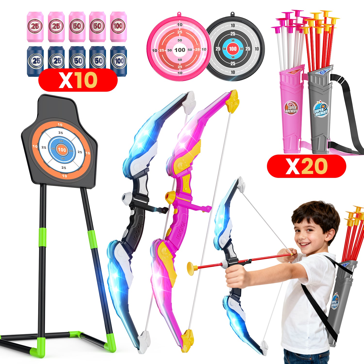 2-Pack Bow and Arrow for Kids, LED Light-Up Archery Set with 20 Suction Cup Arrows, Standing Target & Quiver, Outdoor Yard Games Toys for Ages 4-13