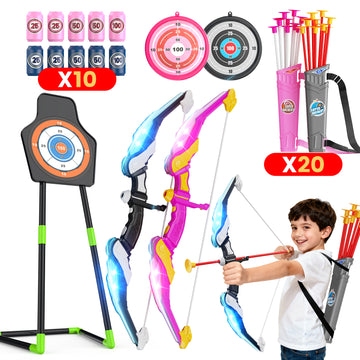 2-Pack Bow and Arrow for Kids, LED Light-Up Archery Set with 20 Suction Cup Arrows, Standing Target & Quiver, Outdoor Yard Games Toys for Ages 4-13