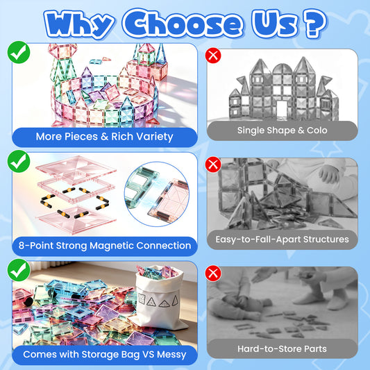 WonderStone 100 PCS Magnetic Building Tiles with 2 Cars, Educational Building Blocks for Boys & Girls, Sensory Construction Toys, Creativity Beyond Imagination, Inspirational, Educationa