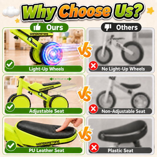 Wonderstone Balance Bike for Kids with Colorful Lights/Music, Ride-On Toy with 2 Silent Wheels, Outdoor Toddler Training Bike for Boys and Girls Aged 2–6, Green