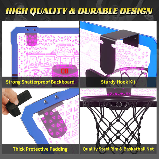 WonderStone LED Mini Basketball Hoop for Kids with Electronic, Over the Door Basketball Hoop with Foldable Rim, Glow in the Dark Toys Birthday Gift for 6-13 Year Old Boys (Blue)