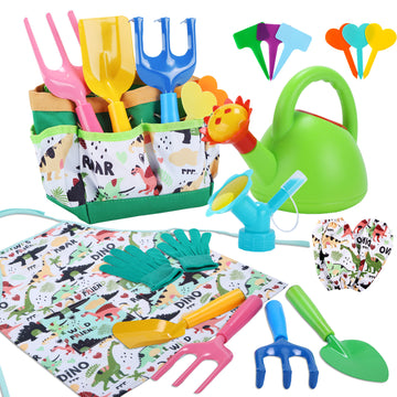 JoyStone 18 PCS Kids Gardening Tool Set with Dinosaur Apron, Watering Can & Sprinkler Head, Tote Bag, Gloves, Shovel & Rake, Outdoor Gift for Boys & Girls Ages 3+