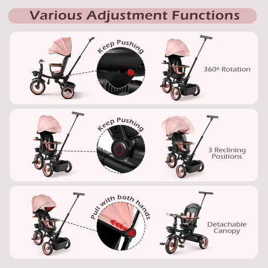 JoyStone 7 in 1 Foldable Tricycle Stroller for Toddler, Baby Tricycle with Adjustable Canopy, Parent Handle, Removable Pedals, Seat Belt and Storage Basket, Kids Bike for Ages 1-6 Boys & Girls, Pink