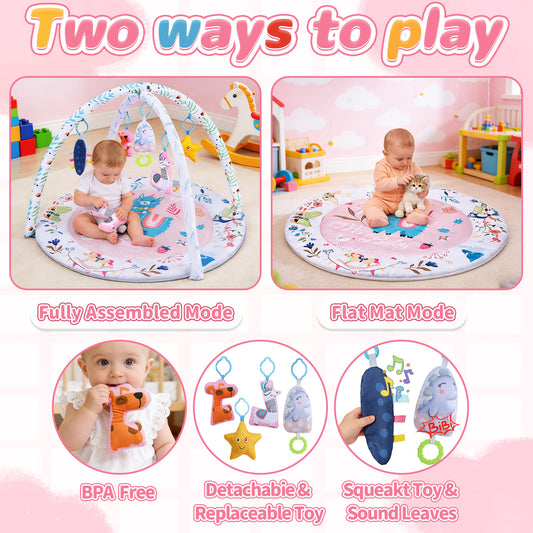 JoyStone Baby Gym Play Mat Activity Mat with 6 Detachable Toys, Round Tummy Time Play Mat for Newborns & Infants 0–12 Months