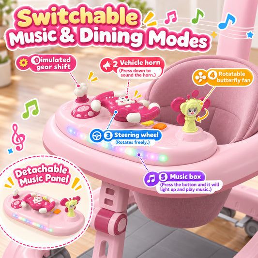 WonderStone 6 in 1 Baby Walker with Steering Wheel, Adjustable Seat and Height, Music & Light,Walkers and Activity Center for Boys and Girls 6-24 Months (Pink)