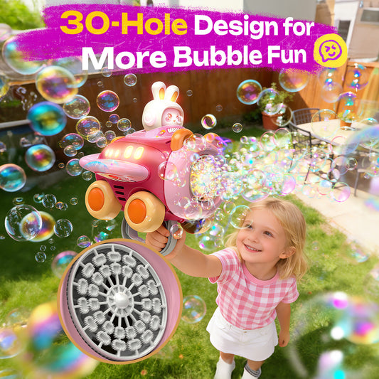 WonderStone 30-Hole Rechargeable Bubble Machine for Toddlers, Push & Handheld Bubble Lawn Mower with Lights & Music, Summer Outdoor Toys for Toddlers 1–3, Rabbit