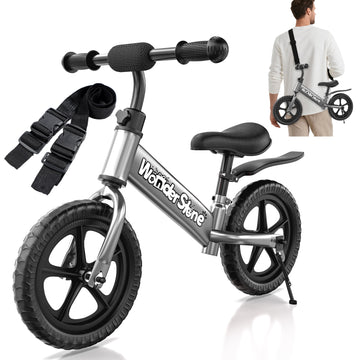 WonderStone 12" Toddler Balance Bike with Adjustable Seat & Handlebar, No-Pedal Kids Bicycle for Walking Balance Training, Christmas & Birthday Gifts for Boys and Girls Ages 1–3, Silver