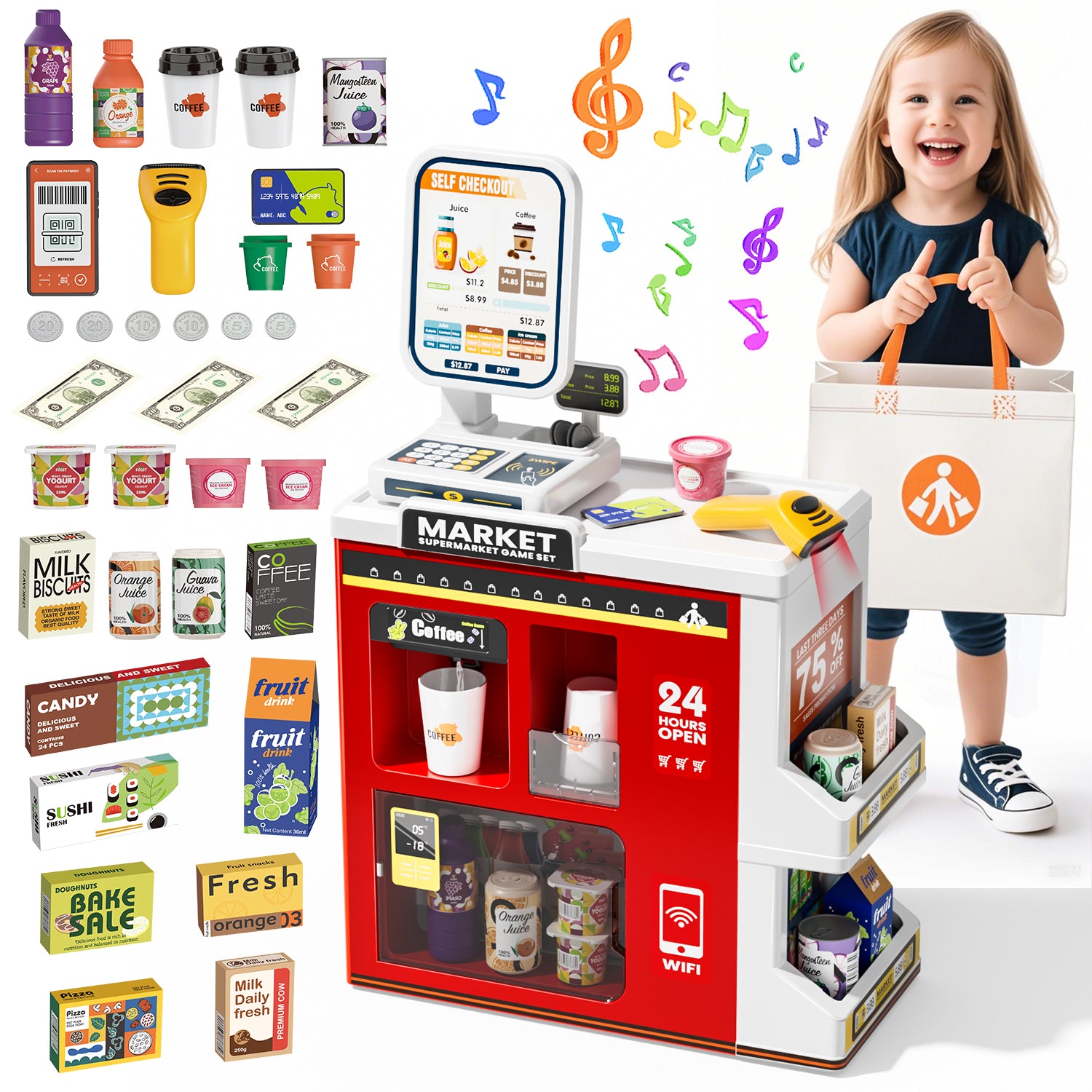 JoyStone 47PCS Pretend Play Cash Register Toy with Lwith Storage Bag, Pretend Coffee Machine Play Food Accessories, Scanners, Preschool Gifts for Toddlers for Boys and Girls, Red