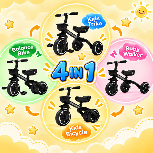 WonderStone 4-in-1 Toddler Balance Bike, Foldable Tricycle with Removable Pedals & Front Basket, Indoor & Outdoor Training Bike, Perfect Gift for 1–3 Year Old Boys & Girls, Black