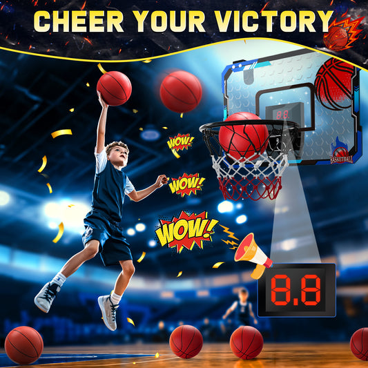 JoyStone Indoor Basketball Hoop for Kids, Mini Basketball Hoop with Electronic Scoreboard and Sounds, Over The Door Basketball Hoop 4 Balls