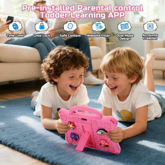 JoyStone Kids Tablet 7 inch Android 14, 2GB RAM+32GB ROM, Fun Cartoon Case, Parental Control, Dual Camera, WiFi Bluetooth, Educational Tablet for Toddlers, Pink