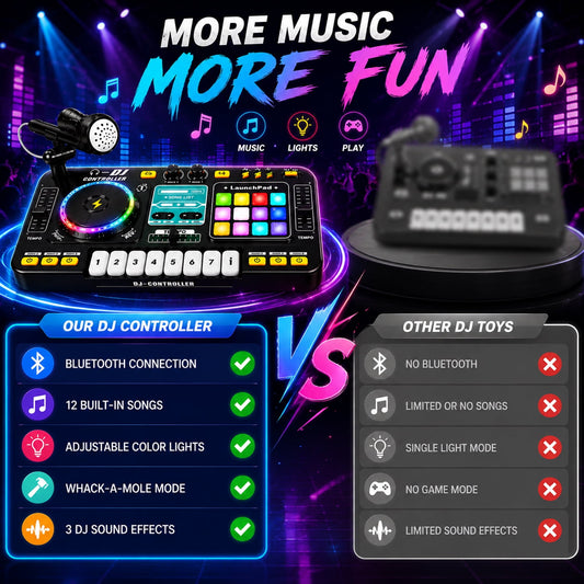 JoyStone Kids DJ Mixer Toy with Bluetooth, Turntable, Piano Keys & Microphone, Light-Up DJ Controller Board for Toddlers & Beginners, Musical Instrument Toy Gift for Ages 3-8, Black
