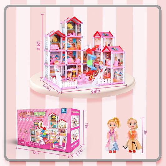 JoyStone Dollhouse, 14 Rooms Playhouse with 4 Dolls Playset with Furniture&Light Strip& Rotating Slide, Gift Toy for Kids Ages 3-8