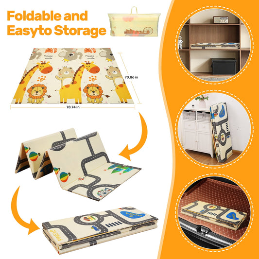 JoyStone Baby Play Mat, 78" X 70" Extra Large Reversible Foam Play Mat, Non-Toxic Foldable Animal Print Waterproof Crawl Mat for Toddlers and Babies
