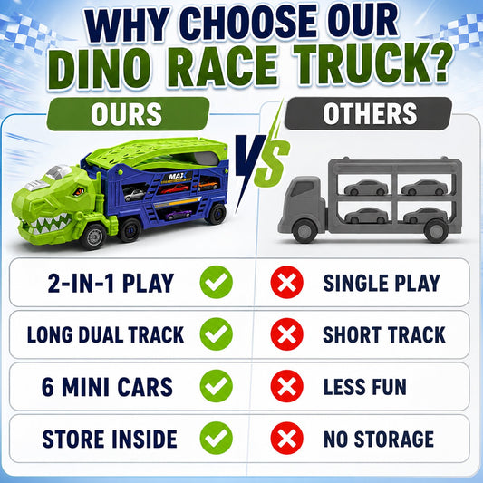 JoyStone Dinosaur Carrier Truck Toy with 6 Alloy Cars, 2-in-1 Transforming Dual Race Track, Push Along Transport Truck, Racing Toy Gift for Kids Ages 3+
