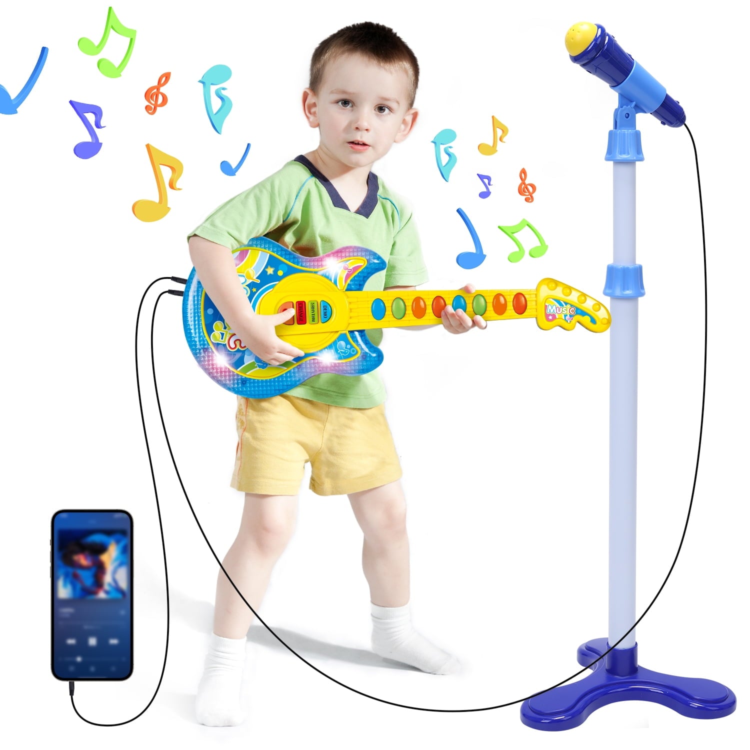 JoyStone Guitar and Microphone Set for Kids with Music & Colorful Light, Adjustable Height Microphone with Stand, Guitar Toys for Boys and Girls, Blue