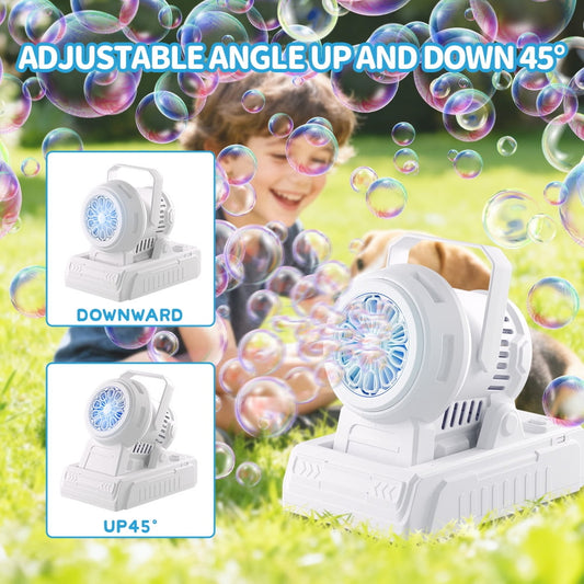 JoyStone White Automatic Bubble Machine with Lights, Adjustable Angle, Dual Power USB or Battery, Includes Bubble Solution and 8 Concentrated Packs, Outdoor Bubble Blower for Kids