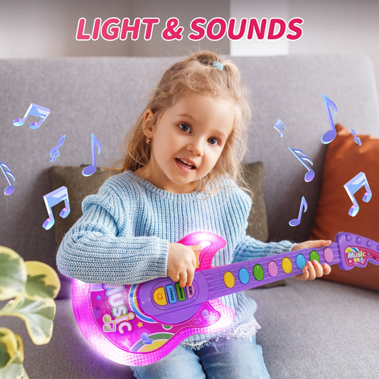JoyStone Guitar and Microphone Set for Kids with Music & Colorful Light, Adjustable Height Microphone with Stand, Guitar Toys for Boys and Girls, Pink