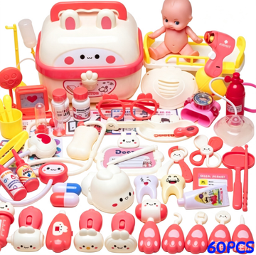 WonderStone Dentist Play Set , 60PCS Pretend Play Doctor Kit with Doll, Realistic Role-Playing Toys for Toddlers 3-5，Pink
