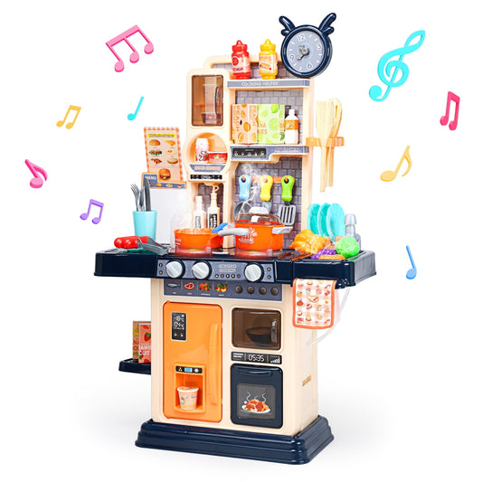 JoyStone 33PCS Kids Kitchen Playset,Play Kitchen Toy with Realistic Lights & Sounds,Pretend Steam,Play Sink & Oven and Other Kitchen Accessories Set for Toddlers,Blue
