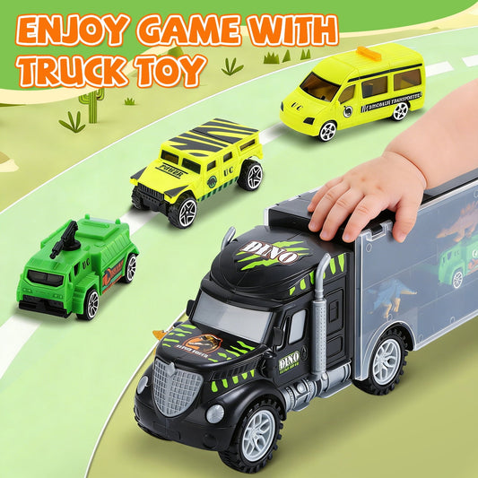 JoyStone Dinosaurs Truck, Dino Transport Car Carrier Truck Toy with 12 Mini Dinosaur Figures and 4 Cars, Dino Park Toy Birthday Gift for 3+ Year Old Boys and Toddlers