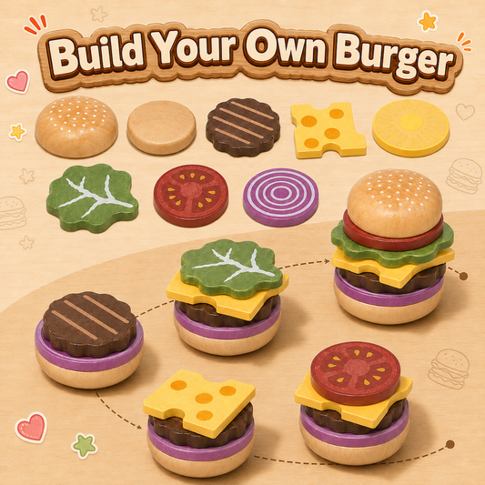 WonderStone Wooden Play Food Set for Kids, Pretend Hamburger Toy Set with Menu & Tray, Play Kitchen Food for Toddlers 3+, Gift for Girls and Boys