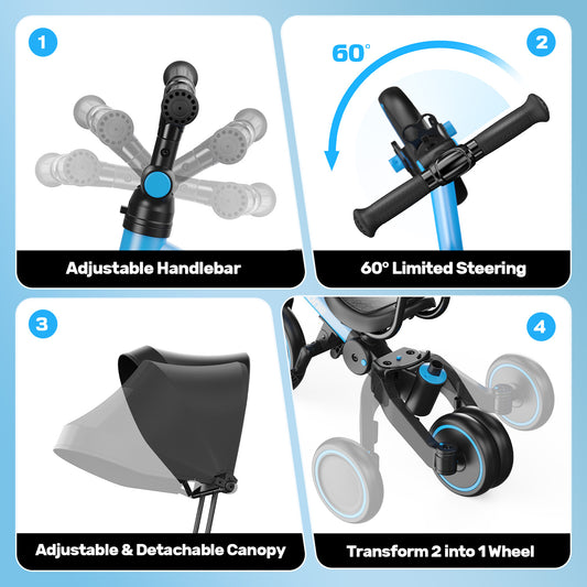 JoyStone 7 in 1 Folding Toddler Tricycle with Adjustable Canopy, Parental Control Handle, Detachable Backrest and Adjustable Seat and Handle, Push Tricycle Bike for 1-4 Year Old Boys and Girls, Blue