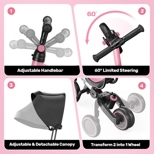 JoyStone 7 in 1 Folding Toddler Tricycle with Adjustable Canopy, Parental Control Handle, Detachable Backrest and Adjustable Seat and Handle, Push Tricycle Bike for 1-4 Year Old Boys and Girls, Pink
