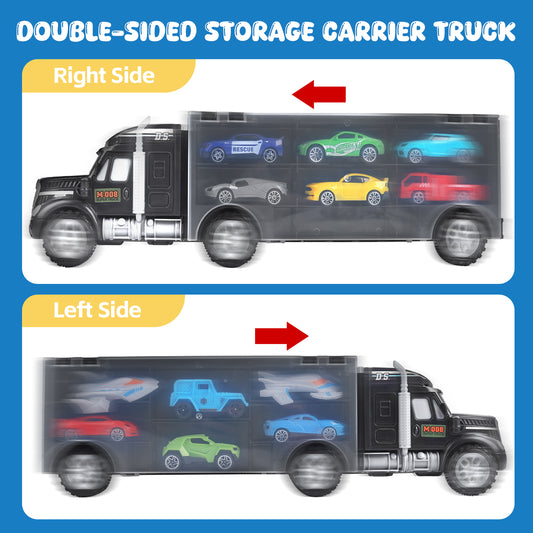 WonderStone Carrier Truck Toys for ages 2-7, Portable & Double Side Storage Toy with 12 Race Cars, Birthday Gifts for kids