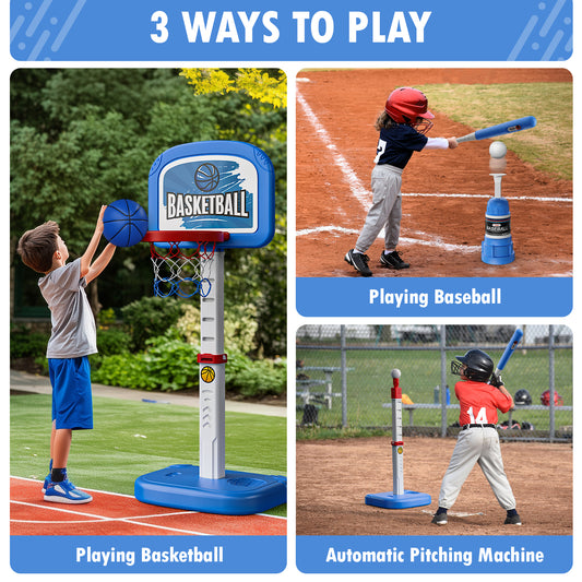 JoyStone 3 in 1 Kids Basketball Hoop and T Ball Set for Kids with Automatic Pitching Machine, Adjustable Height Basketball Hoop, Sports Gifts Toys for Boys Girls