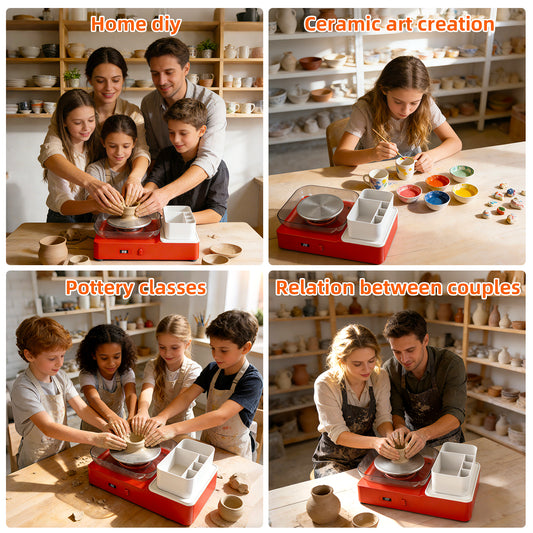 WonderStone Pottery Wheel with Foot Pedal Device, Electric Pottery Machine with 6.7'' Turntable Two-Way Rotation/2 Batteries, Complete Pottery Tools Set for kids and Adult (Red)