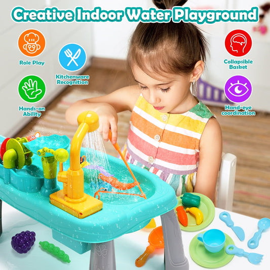 JoyStone 38PCS Play Sink with Running Water with Electric Faucet, Play Food, Fishing Game, Mini Water Table Indoor & Outdoor Sensory Toys for Girls and Boys 3-8 Years, Green