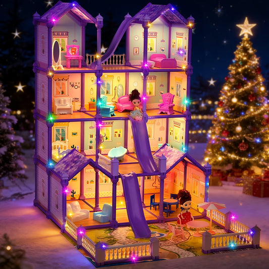 JoyStone Play Dollhouse with Doll Toy Figures, 14 Rooms Furniture and Colorful Lights, Creative Doll House Gift for Girls Ages 3+, Assemble Required, Purple