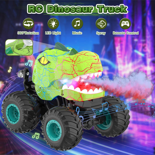 JoyStone Dinosaur RC Car for Kids, Remote Control Monster Truck with Mist Spray, Lights, Music, 2.4GHz All-Terrain RC Truck Toys for Boys and Girls 4-7, Green