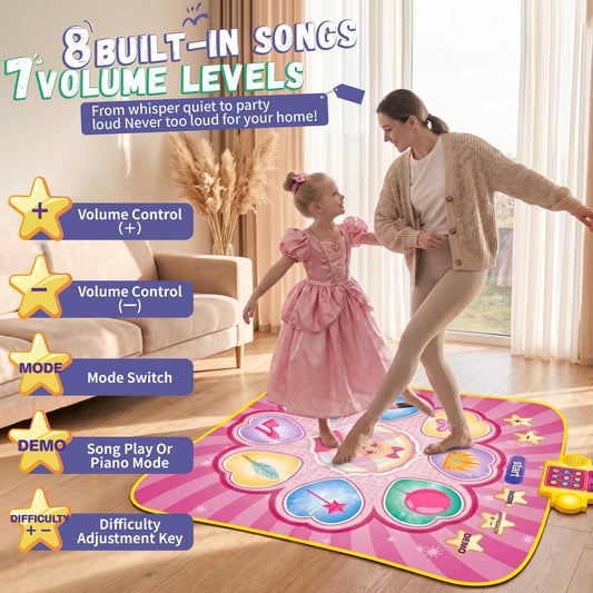 JoyStone Dance Mat for Kids, Rhythm Step Play Mat with LED Lights, Built-in Music, 8 Challenge Levels, Musical Dance Game Toy Gift for Girls Boys, Pink